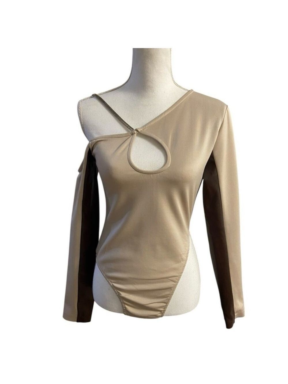 Maniere De Voir Beige and Brown Asymmetrical Bodysuit medium